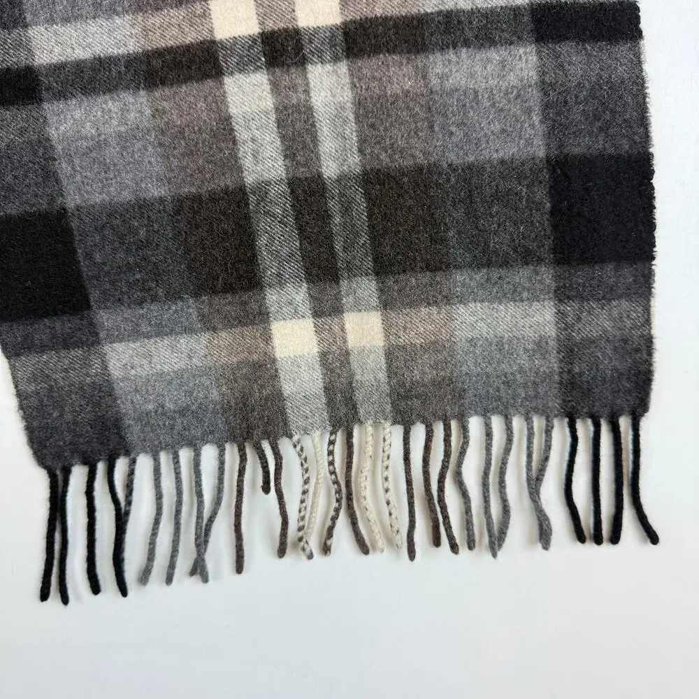 Amicale Pure Cashmere Plaid Fringe Scarf Gray Brown Black - OS
